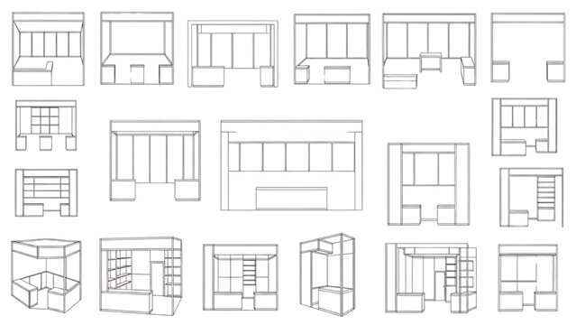 Retail interior layout set with shelving units display racks and shop furniture configurations isometric vector collection