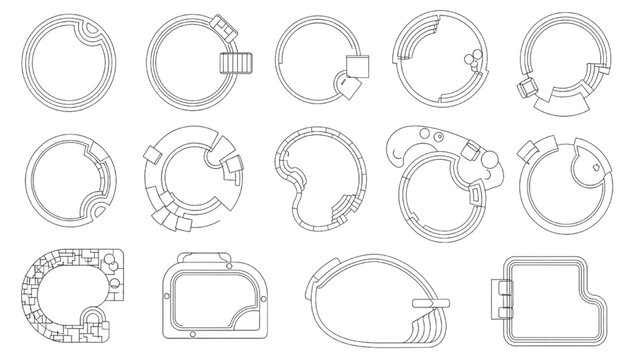 Top view swimming pool layouts with organic and geometric shapes water features and landscape plan configurations vector set