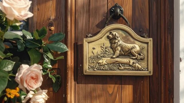 A decorative door with a brass dog emblem and beautiful floral arrangement