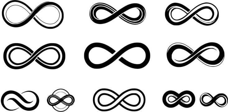 Set of black and white infinity symbols in various styles, representing eternity and endlessness, vector illustration.