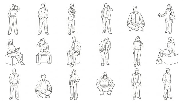 Front view human figure set with standing sitting and meditative poses for architectural scale reference vector collection