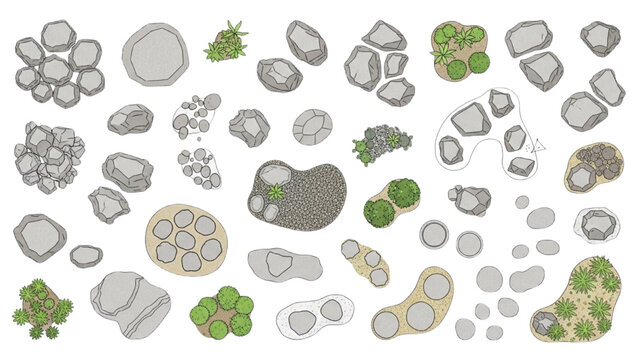 Top view landscape rock and stone set with natural boulders gravel clusters and garden hardscape elements vector collection