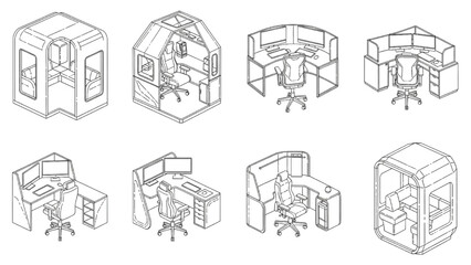 Obraz premium Isometric office booth and workspace pod structures with enclosed desk units architectural vector set