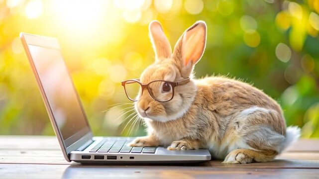 A cute animal wearing glasses using a portable computer outdoors in the sunlight