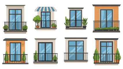 Obraz premium Set of architectural window and balcony designs for apartment buildings, decorated with various green potted plants and metal railings.