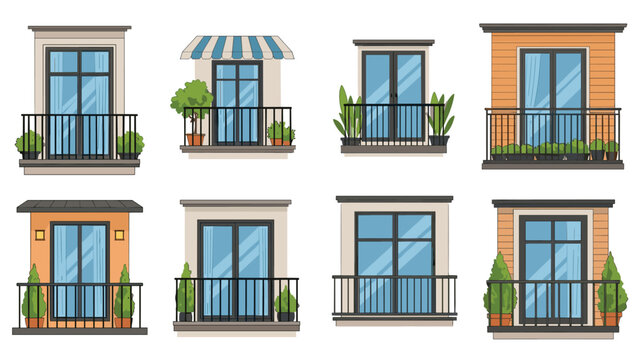 Set of architectural window and balcony designs for apartment buildings, decorated with various green potted plants and metal railings.