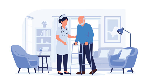 Caring young nurse helping an elderly man with a white beard walk safely using a silver walker inside a comfortable living room setting.