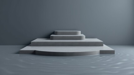 Obraz premium Minimalist stage design. Gray platforms rise from water surface. Dramatic lighting creates stark contrast, simple presentation.