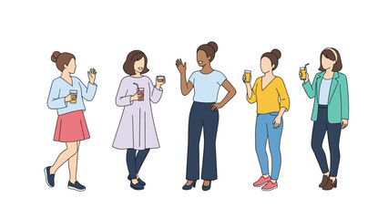 Obraz premium Diverse group of women standing together and socializing with various drinks in their hands wearing casual and professional modern attire.