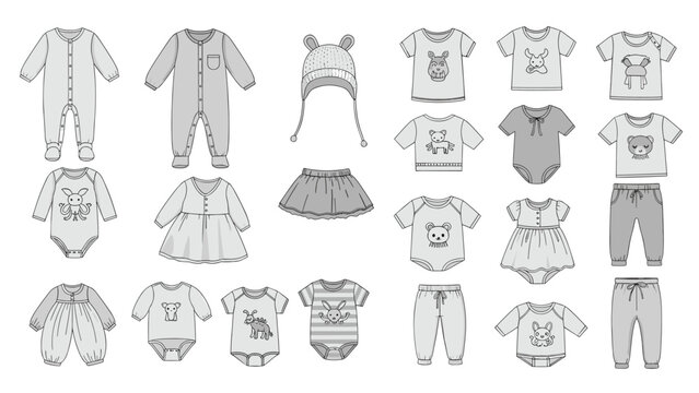 Extensive collection of infant and baby clothing icons including rompers, t-shirts, dresses, hats, and pants in a minimalist flat design style.