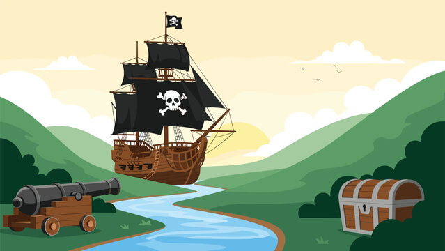 Classic pirate ship with black sails and a skull flag sailing down a river in a tropical landscape with a hidden treasure chest and a cannon.