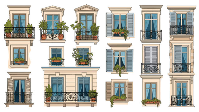 Detailed illustrations of classic European building facades with various window styles, ornate balconies, shutters, and decorative plants.
