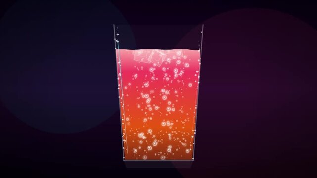 Animated Fizzy Orange Beverage with Rising Bubbles and Ice Cubes in a Glass on Dark Background