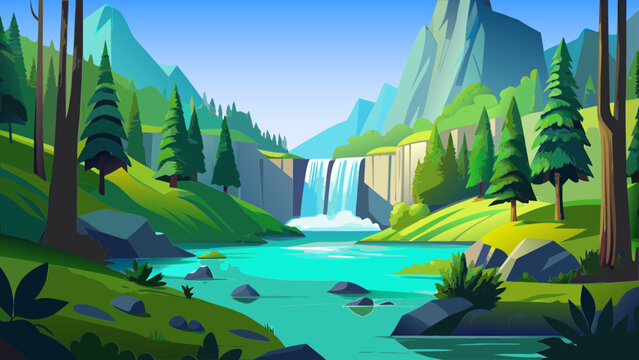 Waterfall, cartoon, illustration, vector, tree, park, summer, beach, grass, sky, walk, nature, water, green, game, cloud, vector graphics.