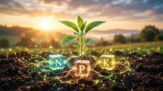 Young green plant flourishing in rich soil, nourished by glowing cubes representing essential nutrients N, P, and K, under a warm sunrise.