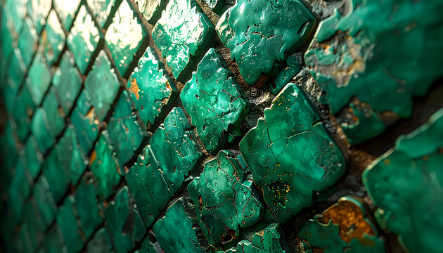 Moroccan zellige tiles cover a wall with irregular shapes and glossy emerald green glazes reflecting light to create shimmering surface generative AI