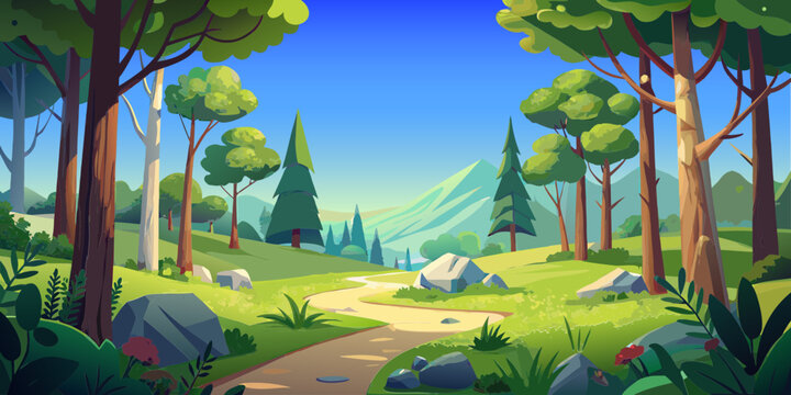 Waterfall, cartoon, illustration, vector, tree, park, summer, beach, grass, sky, walk, nature, water, green, game, cloud, vector graphics.