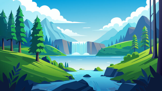 Waterfall, cartoon, illustration, vector, tree, park, summer, beach, grass, sky, walk, nature, water, green, game, cloud, vector graphics.
