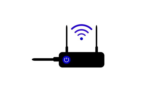 Black wireless router with two antennas blue power button and a single blue dot above it on a white background with a cable extending to the left. wireless router, wifi router, internet