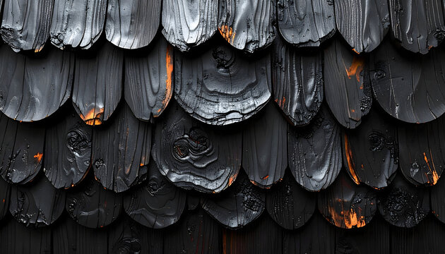 Charred cedar wall in japanese style shows a blackened crocodile skin texture with iridescent carbonized scales reflecting dark silvery light generative AI