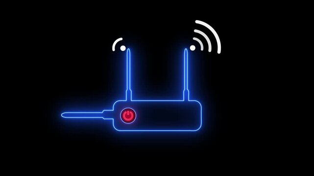 Neon blue outline of a wireless router with two antennas and a red power button on a black background with a white dot above it and a cable extending to the left. wireless router, wifi