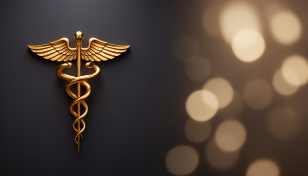 Elegant golden caduceus medical symbol of hermes on a dark grey background with warm golden bokeh light representing luxury healthcare professionalism pharmacy and the medical industry