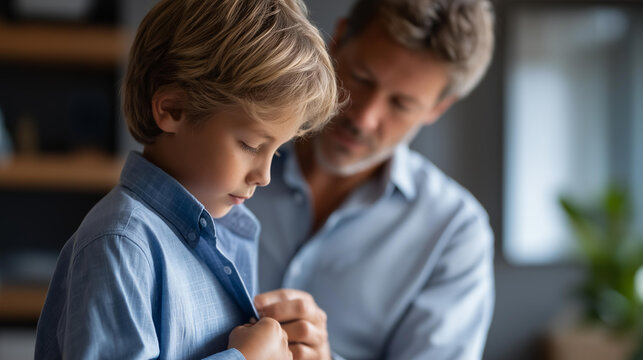 Faceless school boy helping his dad button up his shirt ready for work in a caring and supportive family morning routine concept. Defocused background. Boy dad button shirt,
