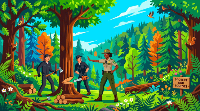 Forest ranger stops loggers from cutting trees in a vibrant, lush woodland environment.