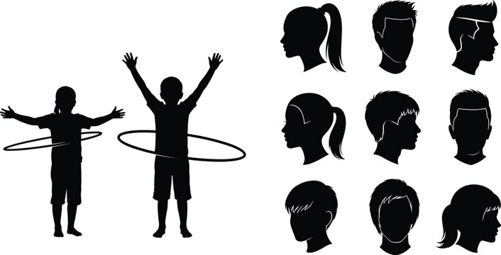Silhouettes of children playing with hula hoops and diverse human head profiles showcasing hairstyles and identity concept