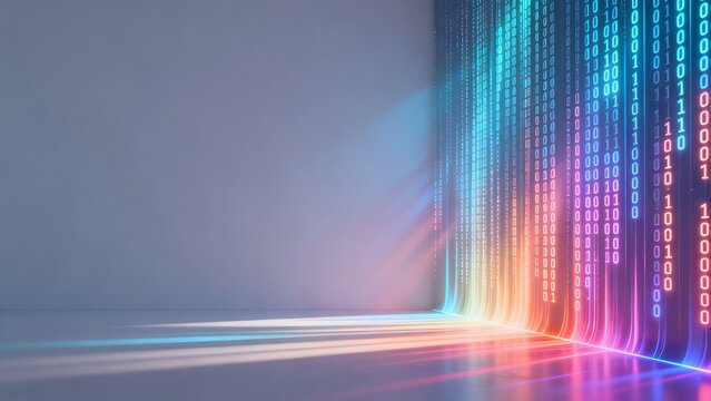 Digital binary code wall with colorful light
