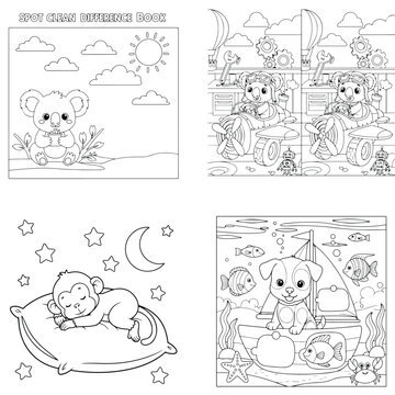 Cute kids coloring book pages featuring sleeping baby monkey koala and puppy animal characters coloring sleeping