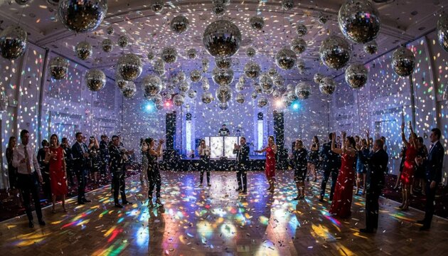 Colorful disco balls against a silver backdrop. Retro Urban Nightlife / Disco Party
