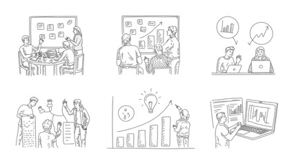 Naklejka premium Startup Business Planning and Strategy Team Vector Illustration Set Brainstorming, Growth Charts, and Idea Development
