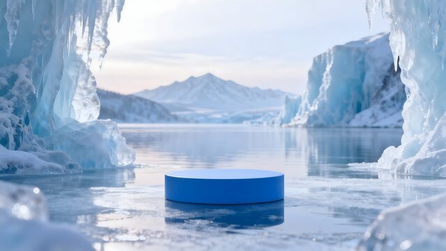 Blue cylinder on icy surface with mountains