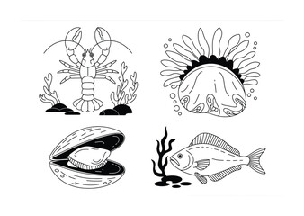 Collection of Hand-Drawn Marine Life Lobster, Jellyfish, Clam, and Fish © vector Art