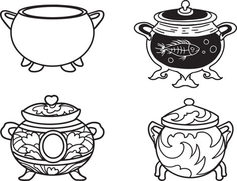 Asset line art witch cauldron 2d flat illustration freehand drawing style object game graphics resource icon round pot props Halloween clip art cauldron with potion human skull bones fish skeleton