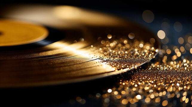Gold record with abundant sparkles and glitter for a music, achievement, and luxury concept. Gold record sparkles, glitter music, achievement luxury, celebratory concept , with