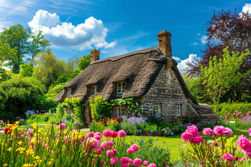 Obraz premium Beautiful traditional English stone cottage with a thatched roof surrounded by a blooming colorful flower garden under a blue sky.
