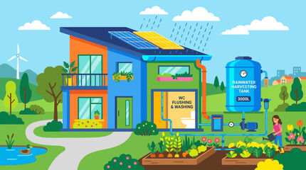 Naklejka premium Modern eco friendly residential house features solar panels and a large rainwater harvesting storage tank system