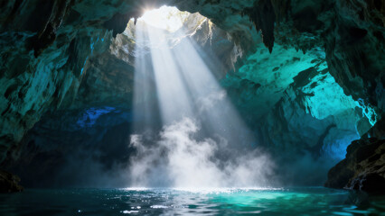 Obraz premium Crepuscular rays sunbeams, Tyndall effect in underground cavern, sunlight streaming through entrance, volumetric beam illuminating mist, mysterious turquoise walls, cinematic mood.