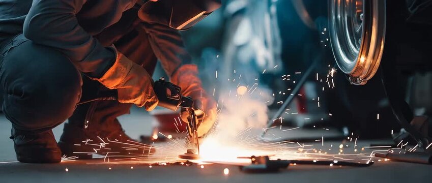 welder and someone driving a car with tools for auto repair, maintenance, or diagnosis. Sparks, a workshop, and a mechanic equipped to check cars