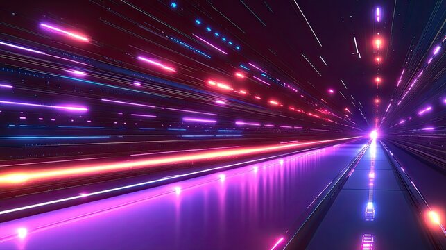 Futuristic neon light tunnel with vibrant colors creates an exciting sense of speed