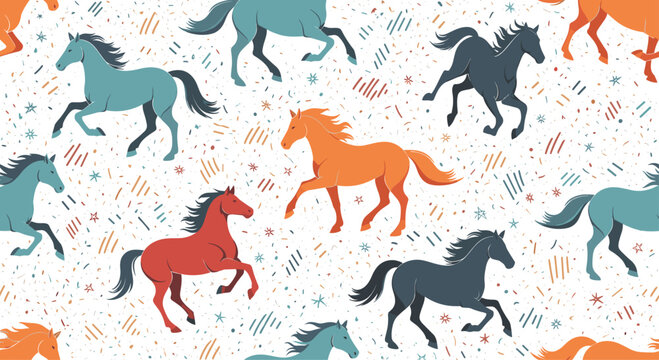 Playful seamless pattern of galloping horses in red, orange, and blue shades on a white background with abstract stars and lines.