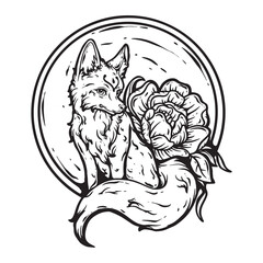 Obraz premium illustration art hand drawn pretty fox wih flower engraving black and white vector design