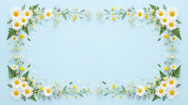 Beautiful Daisy Flower Frame on Light Blue Background with Copy Space
