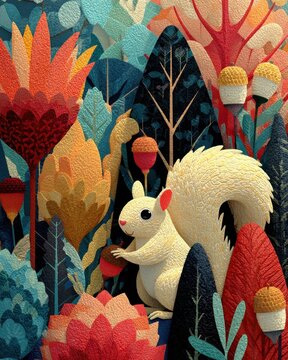 Vertical Enchanted forest scene with a whimsical white squirrel holding an acorn. Stylized, textured bas-relief illustration with rich autumn colors in a folk art papercraft style.