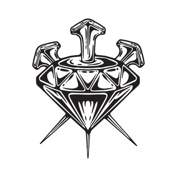 illustreation art hand drawn black and white diamond with nails engraving tattoo and tshirt desin