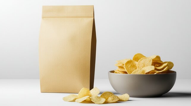 Craft paper bag and a bowl of potato chips isolated on white background
