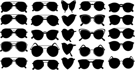Fototapeta premium Diverse Sunglasses Silhouettes Collection: Black Vector Icons of Various Fashion Eyewear Styles and Shapes, Isolated on White Background