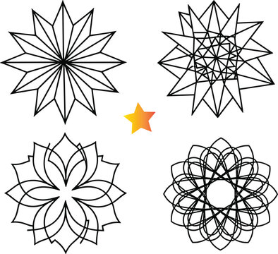 Detailed flat vector illustration collection of circular geometric mandala designs featuring intricate black line art and a single orange star